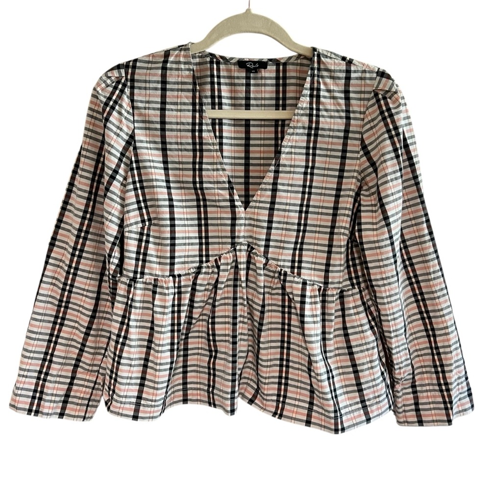 Rails Noella Plaid Stockholm Check Gingham Blouse Babydoll V-Neck Peplum Top XS